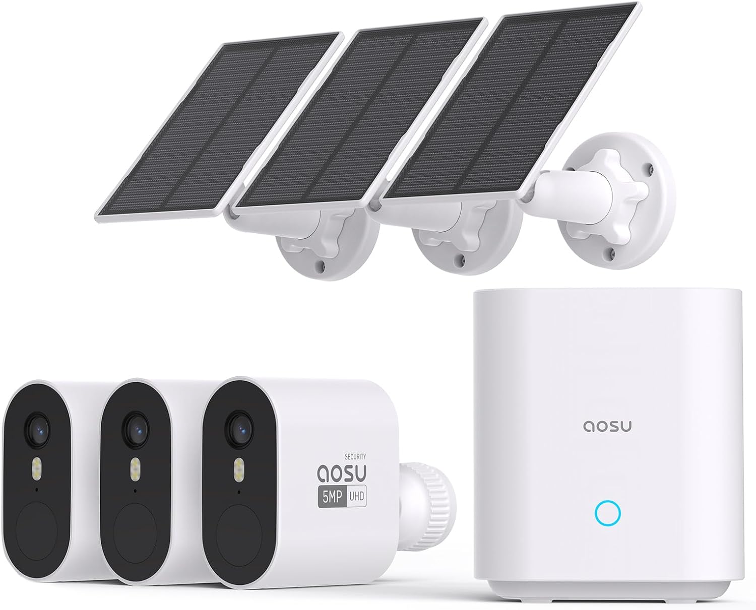 aosu 5MP Solar Security Cameras Wireless Outdoor, 166° Ultra-Wide-Angle, Home Security Camera System 3-Cam Kit with Color Night Vision, Spotlight, No Subscription, Support 2.4G & 5G WiFi Router