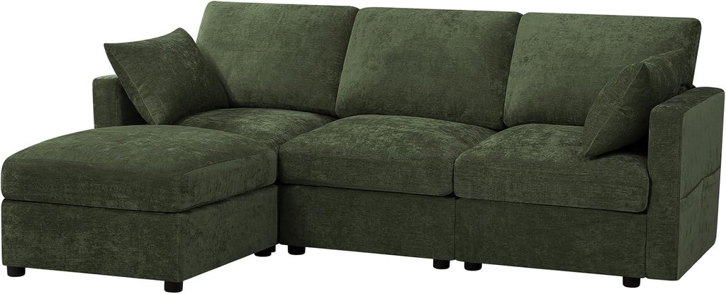 84' Chenille 3 Seats Sofa W/Movable Ottoman, Modern Fabric L Shaped Couch w/Soft Backrest, Upholstered Sectional Sofa with Armrest Pillows for Living Room, Office, Green