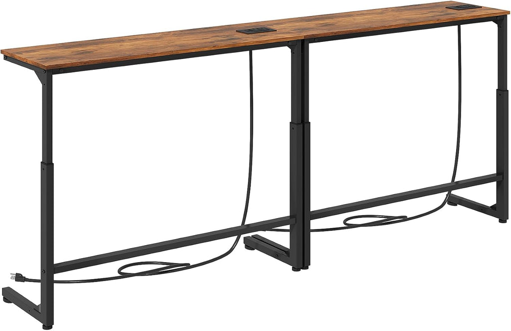 Kitstorack 2-Pack Rustic Brown Console Table, 7.9' Deep Panel, Adjustable Height (25'-33') & Built-in Power Outlets, Behind Sofa Couch, Includes 4.9' Power Cord - 78.8' Total Long