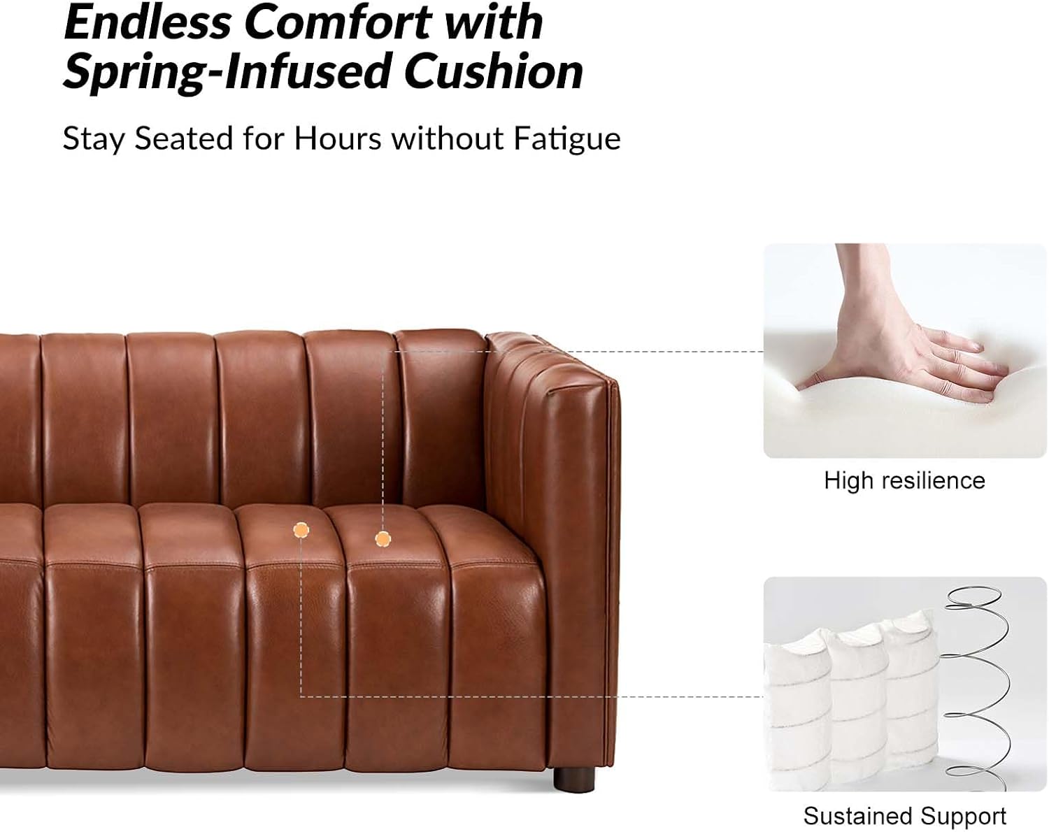 HULALA HOME 83' Genuine Leather Sofa with Channel Tufted Design, 3-Seater Sofa for Living Room Bedroom, Modern Oversized Couch with Wood Legs, Brown