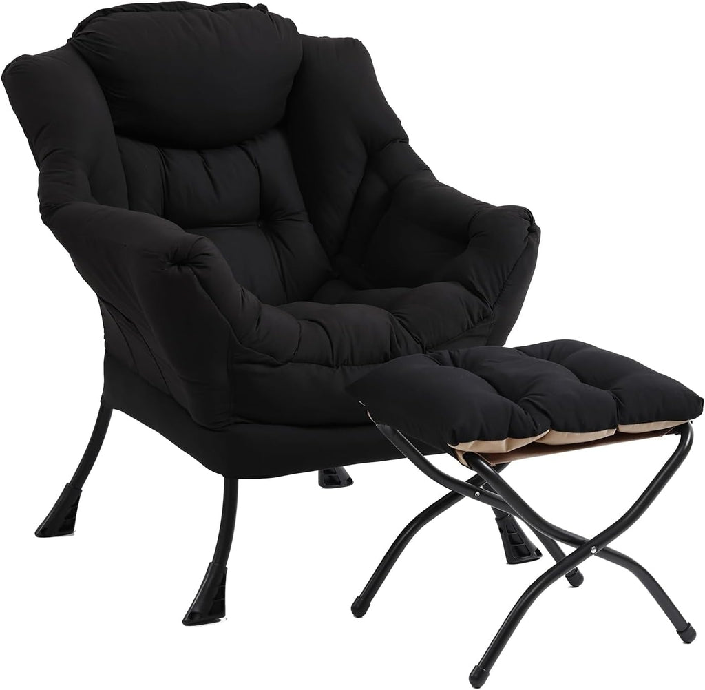 Furlide Lazy Chair with Ottoman, Modern Accent Chair with Armrests and a Side Pocket, Black Accent Chairs, Reading Chairs, Oversized Armchairs for Bedroom, Study, Living Room, Courtyard