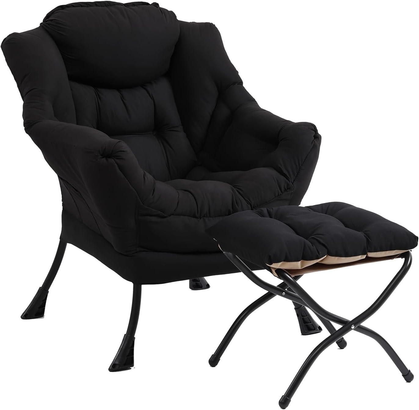 Furlide Lazy Chair with Ottoman, Modern Accent Chair with Armrests and a Side Pocket, Black Accent Chairs, Reading Chairs, Oversized Armchairs for Bedroom, Study, Living Room, Courtyard