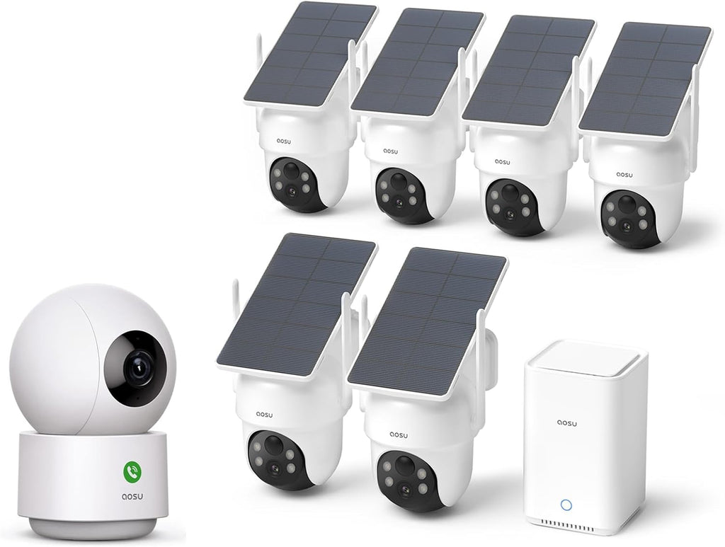 aosu Indoor & Outdoor Security Camera Bundle – 6-Cam Wireless Outdoor Kit with Solar 5MP Pan-Tilt Cameras + 2K Indoor Baby/Pet Monitor with Smart Motion Tracking, No Subscription, aosuBase Expandable