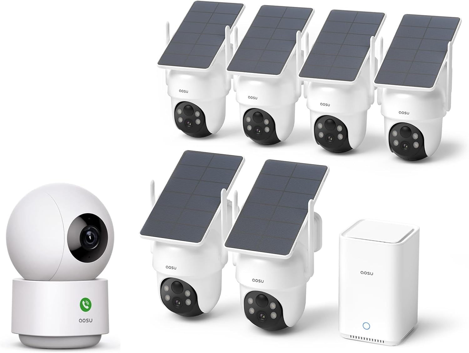 aosu Indoor & Outdoor Security Camera Bundle – 6-Cam Wireless Outdoor Kit with Solar 5MP Pan-Tilt Cameras + 2K Indoor Baby/Pet Monitor with Smart Motion Tracking, No Subscription, aosuBase Expandable