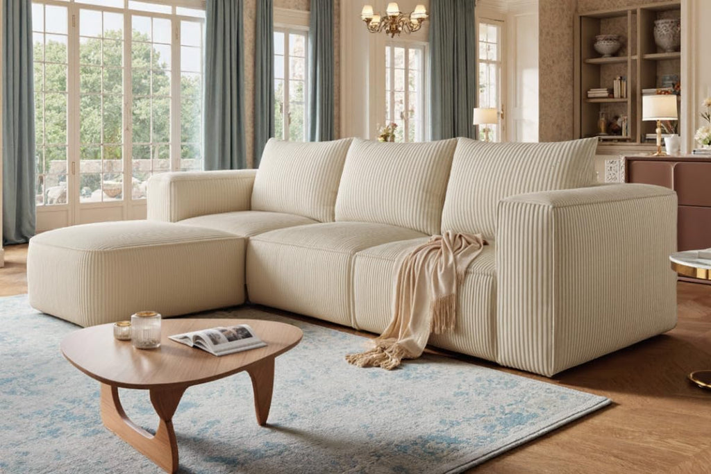 DWVO 107 Inch Cloud Sectional Couch with L-Shape Chaise, Deep Seat Sofa with 3 Pillows, 1 Ottomans Corduroy Upholstered Modular Sofa for Living Room Bedroom, No Assembly Required, Milky White