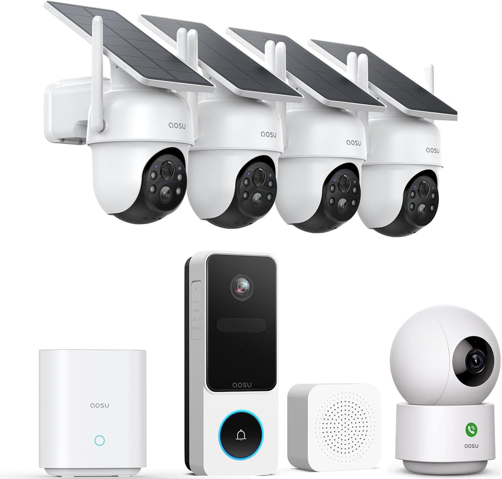 AOSU Home Security System DIY Kit, SolarCam D1 Classic 4 Kit + Doorbell Camera Wireless + 2K Indoor Camera