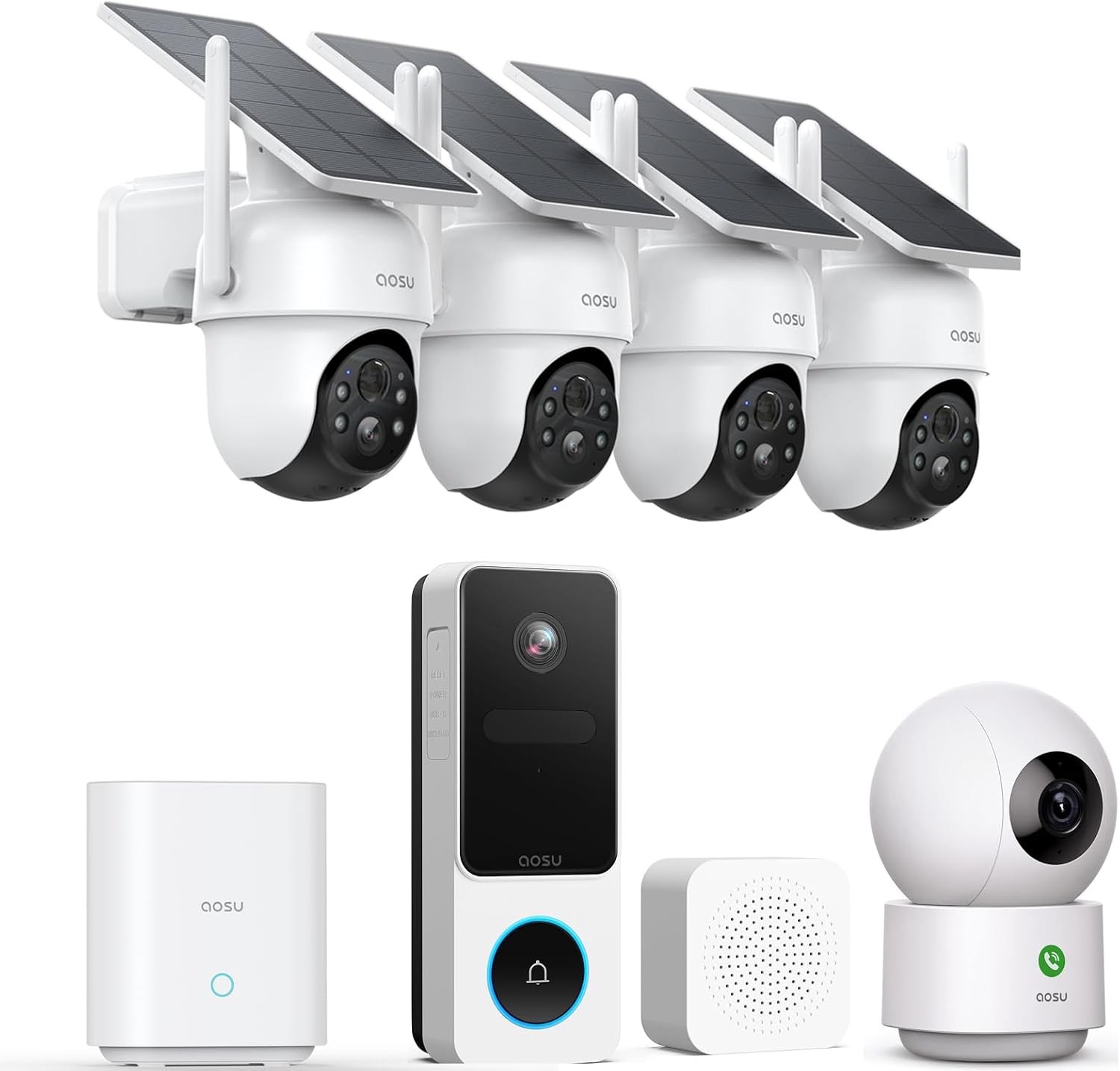 AOSU Home Security System DIY Kit, SolarCam D1 Classic 4 Kit + Doorbell Camera Wireless + 2K Indoor Camera