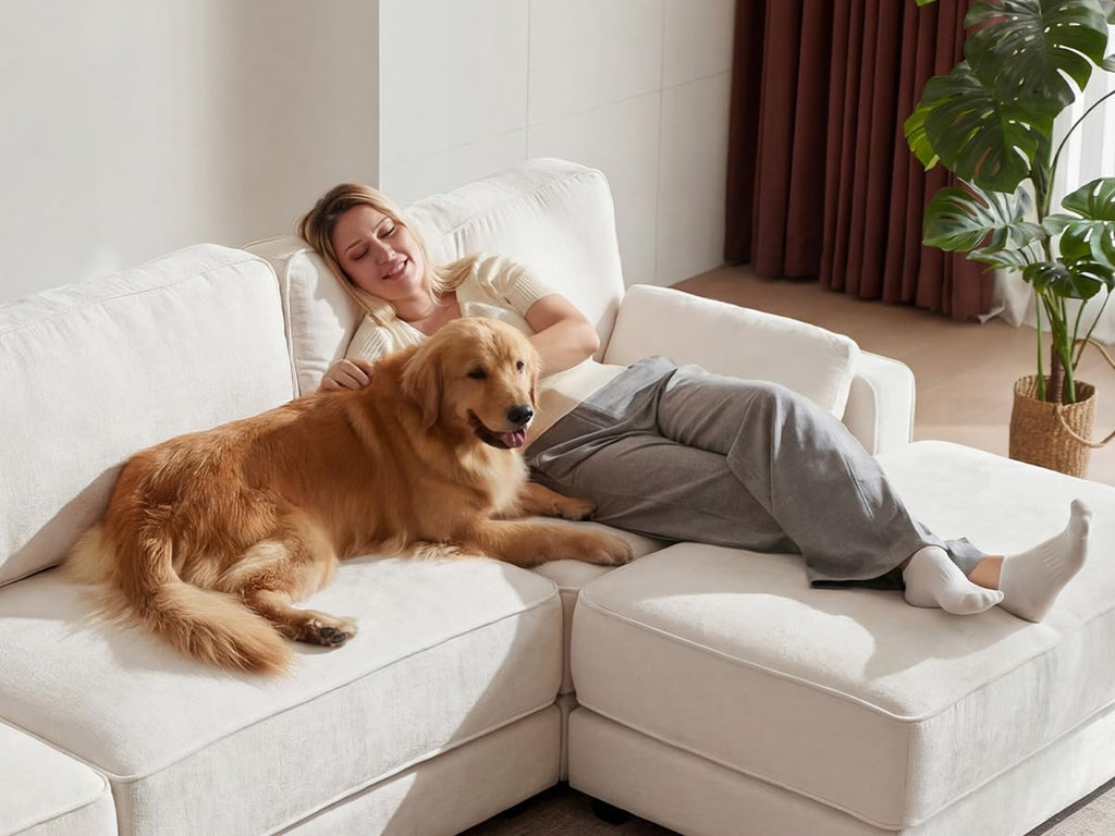 Vipbear 120' Oversized Modular Sectional Sofa, L Shaped Couch Set with 2 Pillows, 4 Seat Comfy Cloud Couches with Movable Ottoman for Living Room, Bedroom and Apartment, Chenille Beige