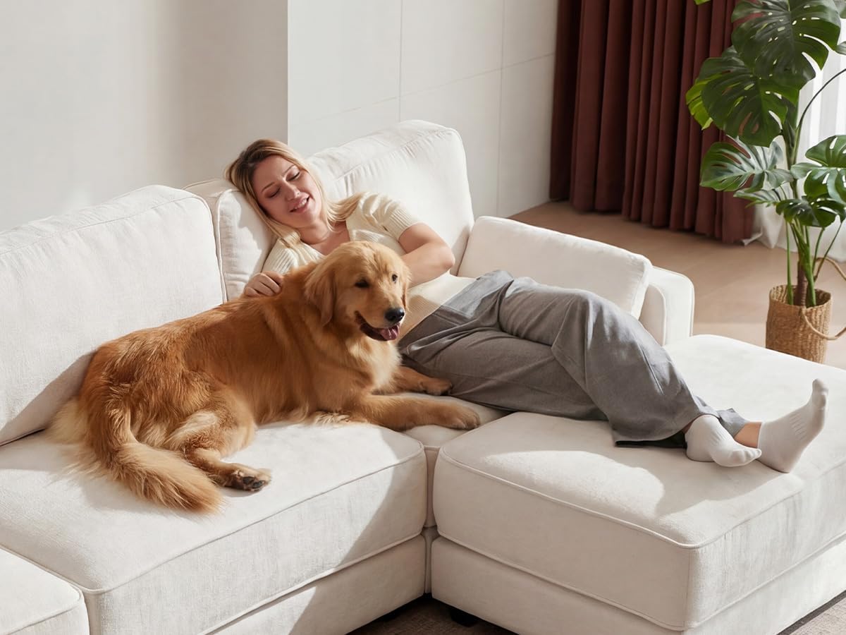 Vipbear 160' Oversized Modular Sectional Sofa, U Shaped Couch Set with 2 Pillows, 6 Seat Comfy Cloud Couches with 2 Movable Ottomans for Living Room, Bedroom and Apartment, Chenille Beige