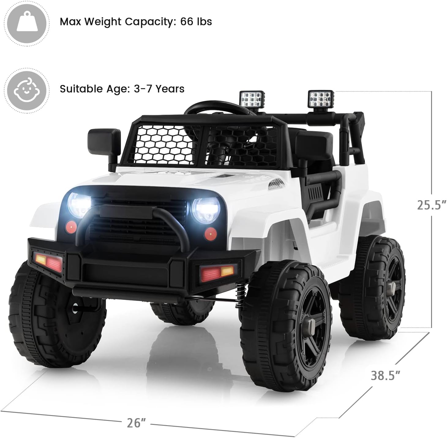 OLAKIDS Kids Ride On Truck, 12V Electric Vehicle Jeep Car with Remote Control, Toddlers Battery Powered Toy with 2 Speeds, Spring Suspension, Double Open Doors, LED Lights, Music, TF, USB, Mp3 (White)
