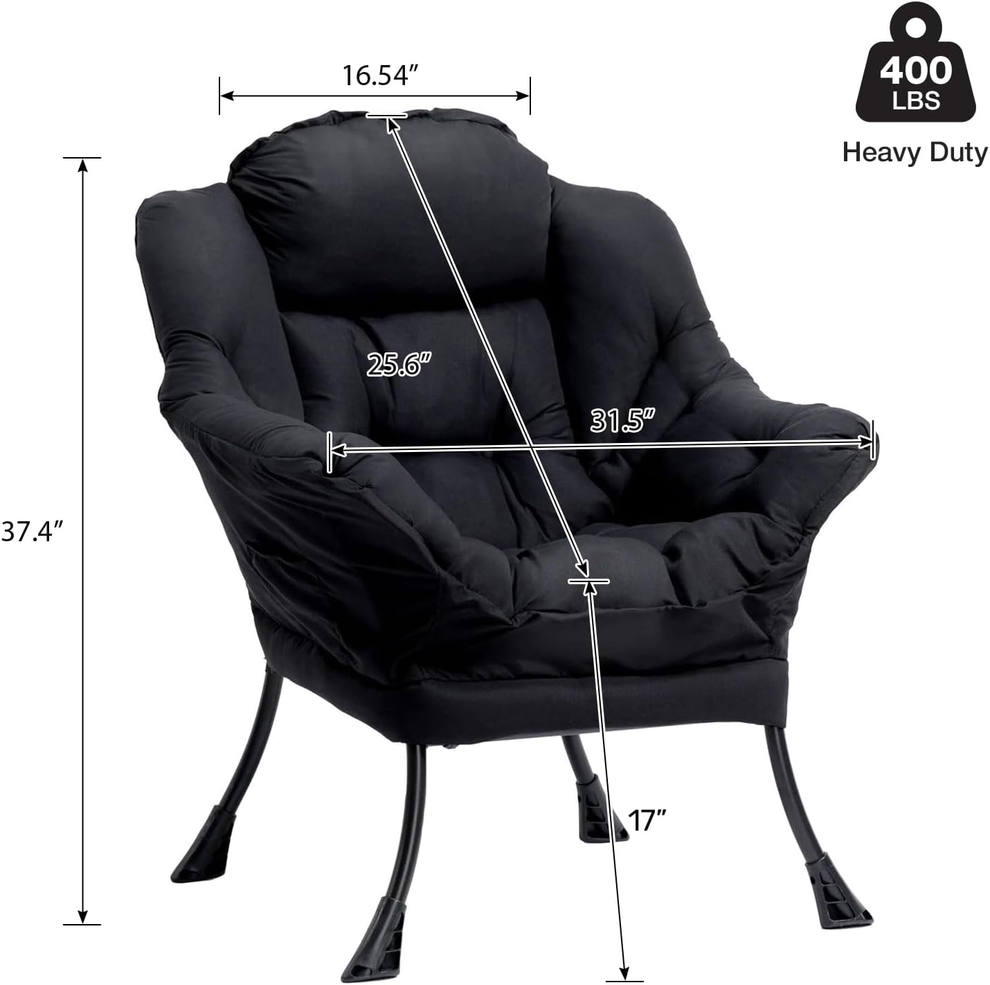 HollyHOME Lazy Chair with Armrest and Side Pocket, Comfy Accent Lounge Chair,Leisure Sofa Armchair for Living Room, Bedroom, Dorm, or Small Spaces, Oversized Reading Sofa Chair,Black
