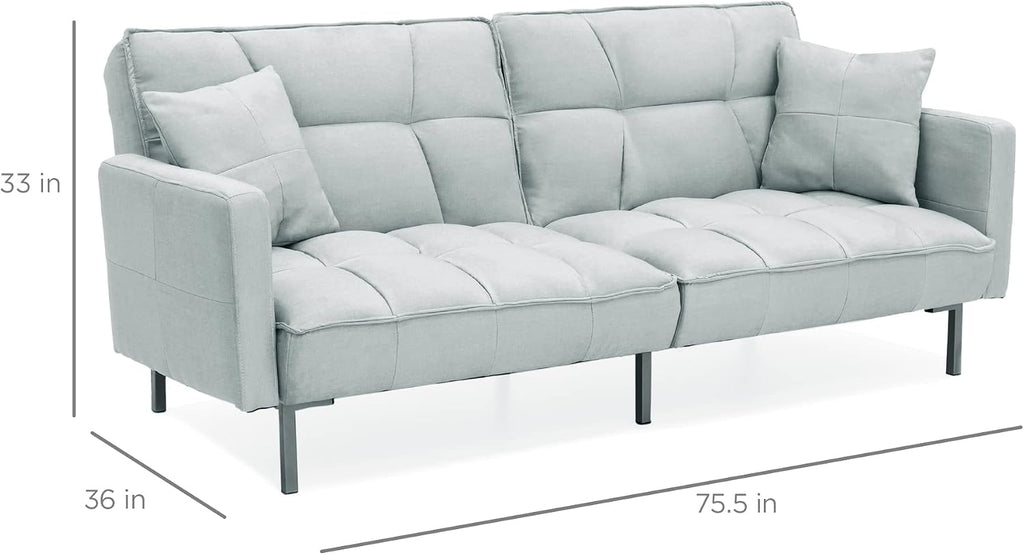 Best Choice Products Convertible Linen Fabric Tufted Split-Back Plush Futon Sofa Furniture for Living Room, Apartment, Bonus Room, Overnight Guests w/ 2 Pillows, Wood Frame, Metal Legs - Light Gray