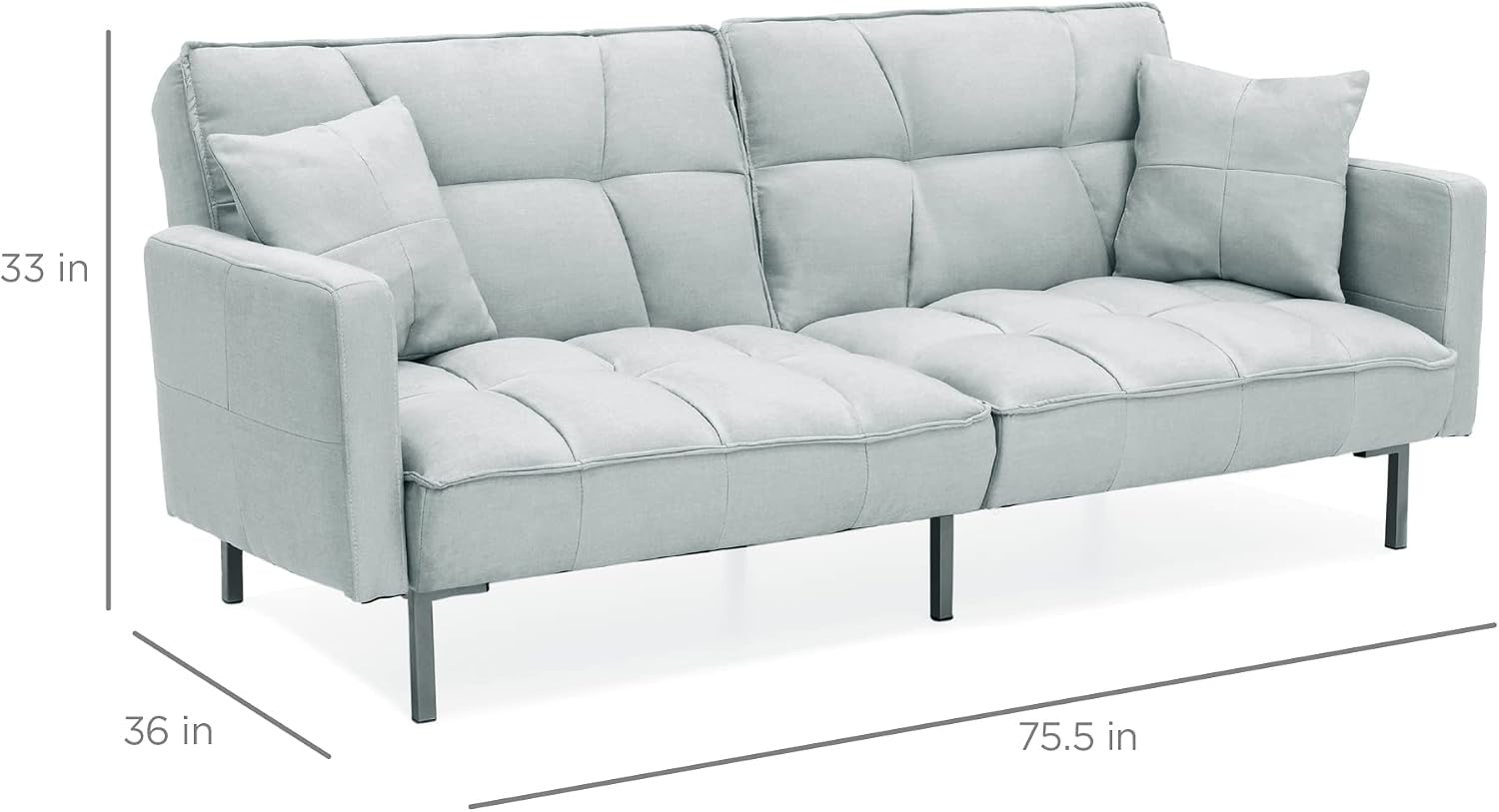 Best Choice Products Convertible Linen Fabric Tufted Split-Back Plush Futon Sofa Furniture for Living Room, Apartment, Bonus Room, Overnight Guests w/ 2 Pillows, Wood Frame, Metal Legs - Light Gray