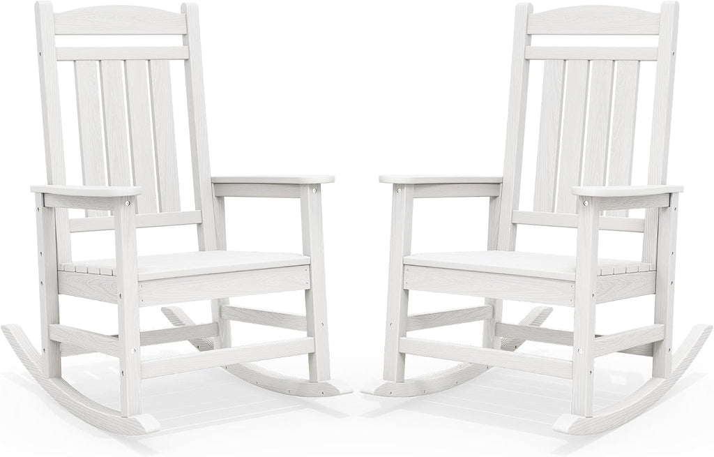 SERWALL Oversized Outdoor Rocking Chairs Set of 2, Oversized HDPE Porch Rockers for Adults, All-Weather Composite Patio Rocking Chairs, White