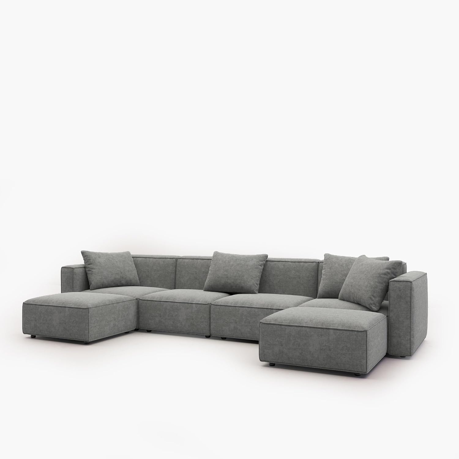 Acanva Luxury Modular Sectional Couch with Moveable Ottoman and Chaise, Modern Minimalist Style Sofa for Living Room, Apartments, U-Shape, Chenille Grey