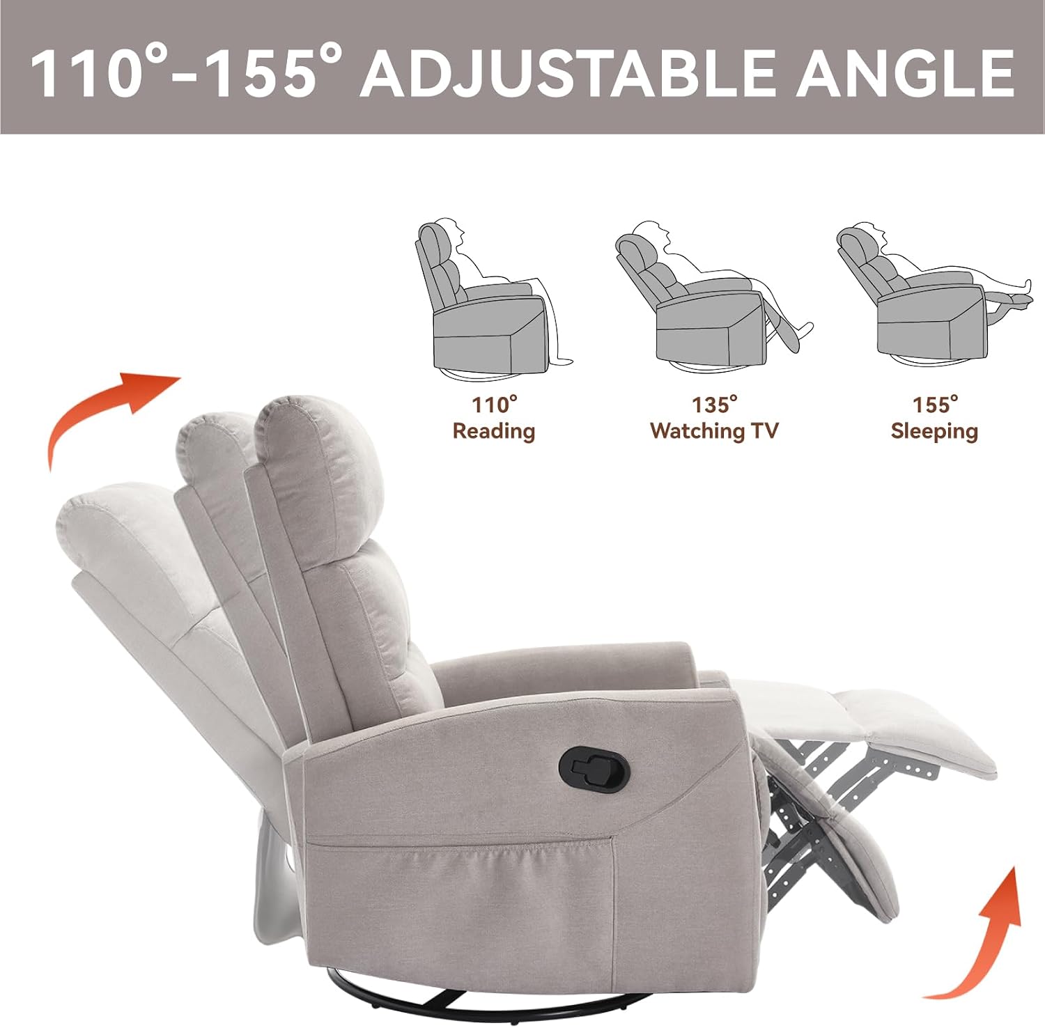 PELUMY Manual Recliner Chair, 360° Swivel Glider and Rocker Recliner with 155° Recline, Compact Fabric Recliner for Small Space, Nursery, Living Room, Bedroom, No Tools Assembly (Light Grey)