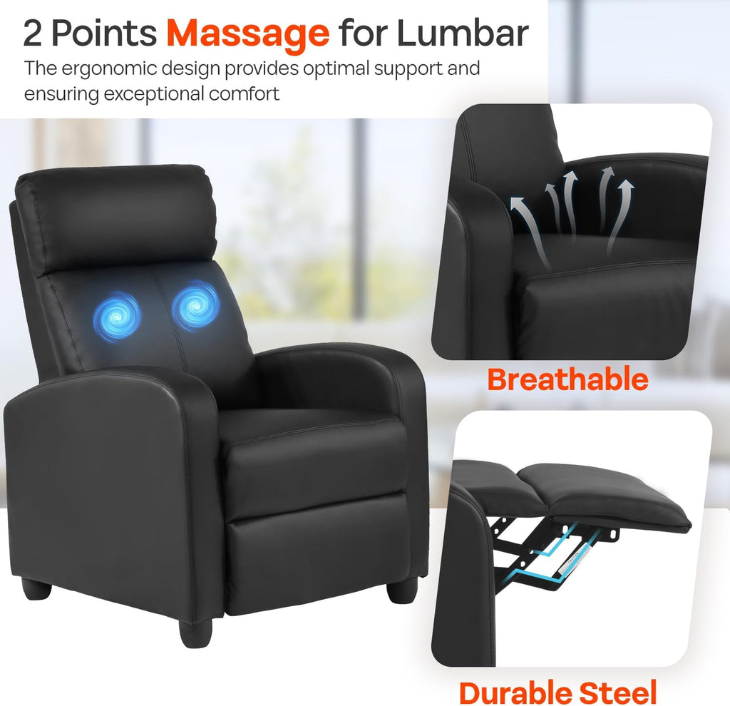 FDW Recliner Sofa Massage Chair Home Theater Seating with Lumbar Support and Padded Backrest for Living Room and Bedroom (Leather, Black)