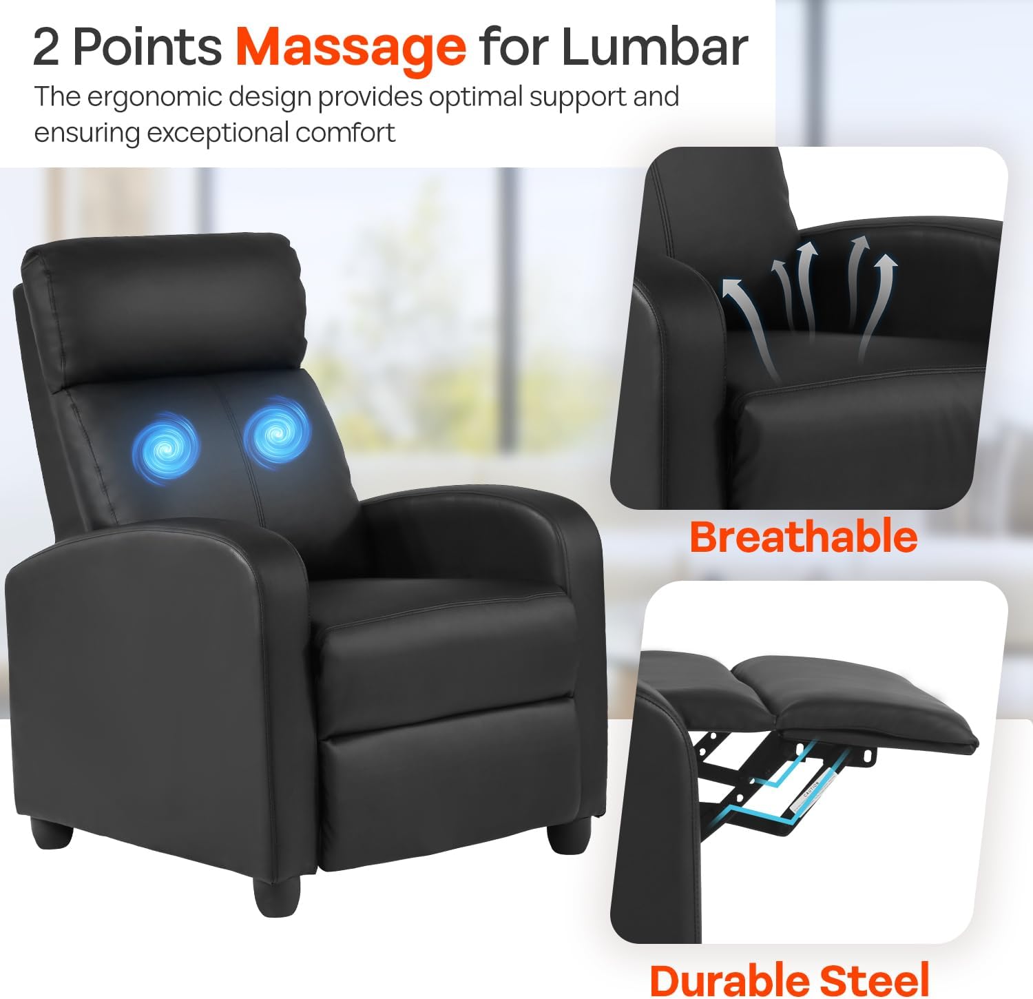 FDW Recliner Sofa Massage Chair Home Theater Seating with Lumbar Support and Padded Backrest for Living Room and Bedroom (Leather, Black)