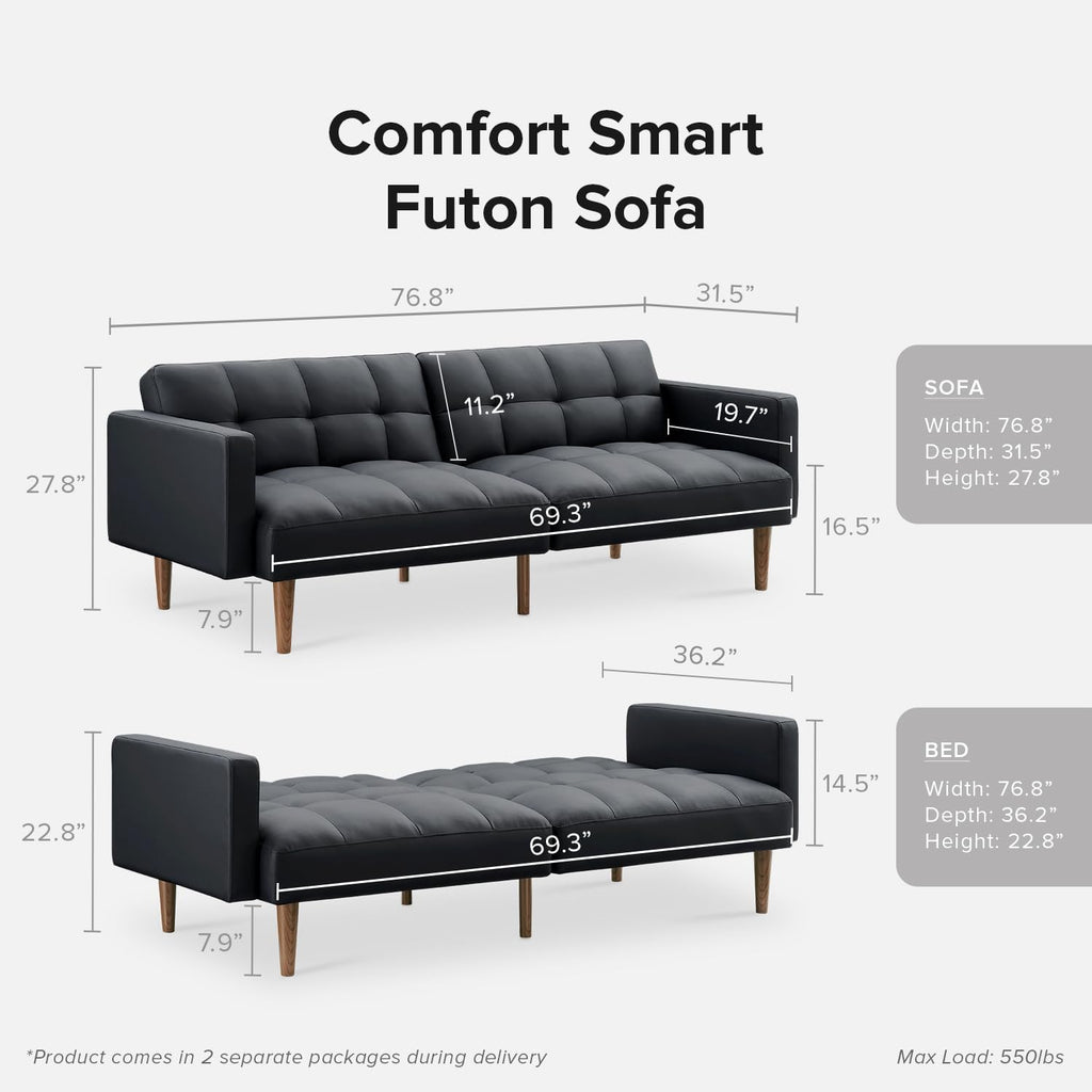 mopio 76.4' Futon Sofa Bed, Couch, Loveseat, Sleeper Sofa, Mid Century Modern Futon Couch, Sofa Cama, Couches for Living Room (Aaron PU, Midnight Black)