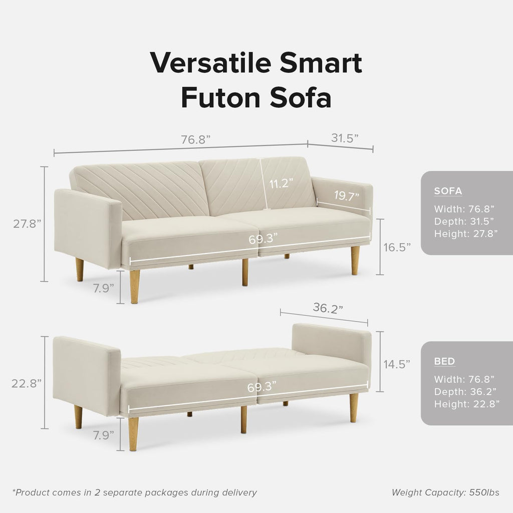 mopio 76.4' Futon Sofa Bed, Couch, Loveseat, Sleeper Sofa, Mid Century Modern Futon Couch, Sofa Cama, Couches for Living Room (Snow Velvet)
