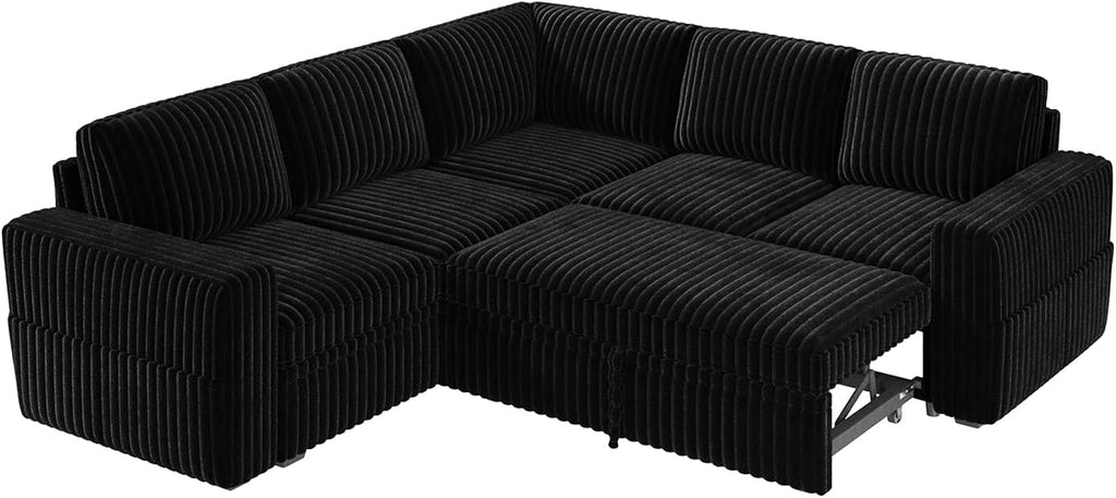 HONBAY Modular Sectional Sleeper Sofa with Pull Out Bed,Corduroy L Shaped Couch with Storage, Sectional Couches for Living Room,Black