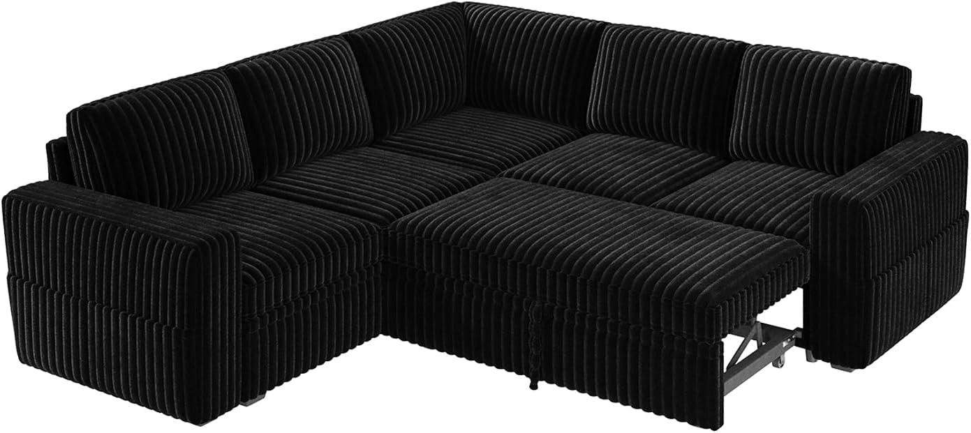 HONBAY Modular Sectional Sleeper Sofa with Pull Out Bed,Corduroy L Shaped Couch with Storage, Sectional Couches for Living Room,Black