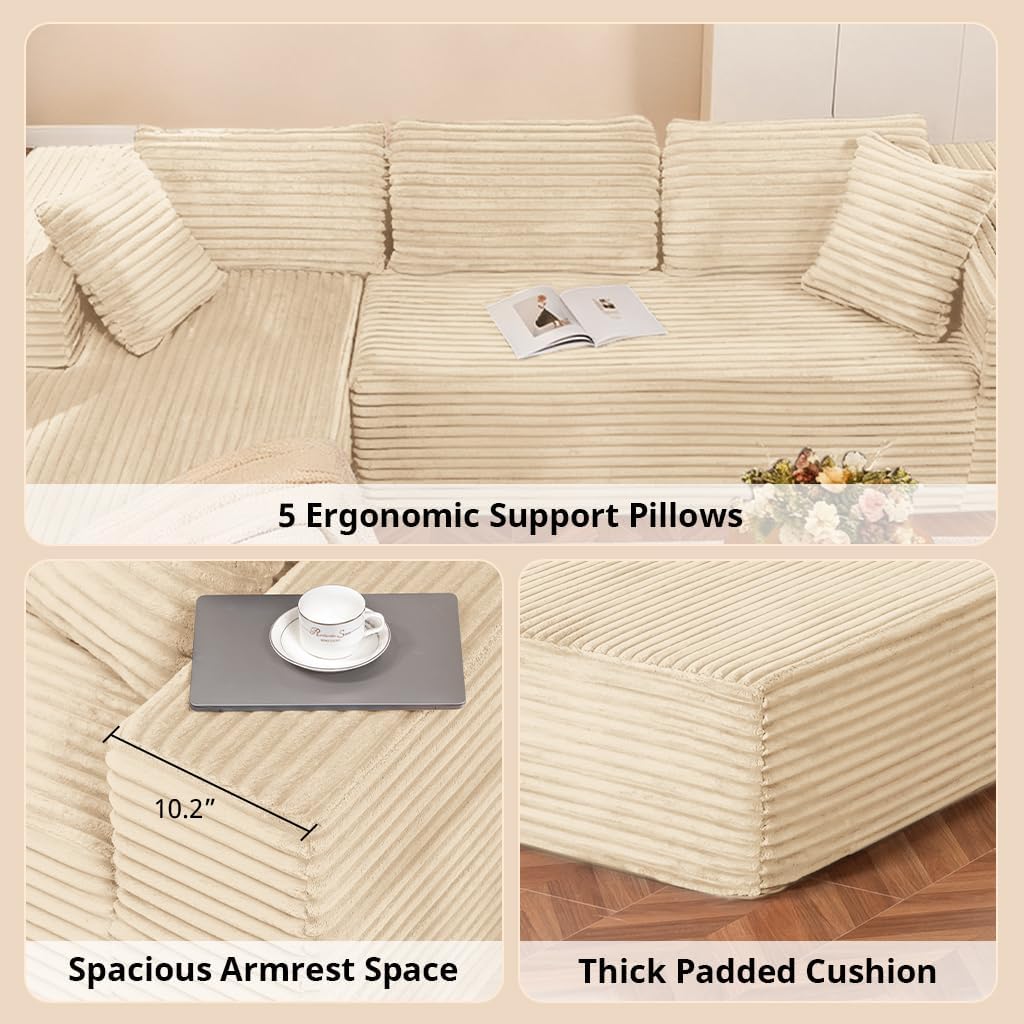 COMHOMA 105'Modular Sectional Sofa with Deep Seat,Cloud Upholstered L-Shape Couch Wide Arms Corduroy Fabric High-Density Foam Chaise Lounge for Living Room No Assembly Required