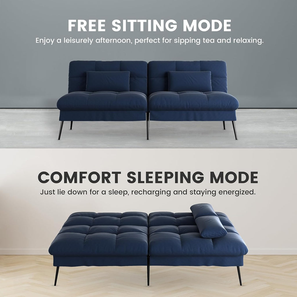 COMHOMA Convertible Futon Sofa Bed, 72″Fabric Futons Couch with Adjustable Backrest, Folding Sleeper Recliner for Living Room Furniture (Blue)