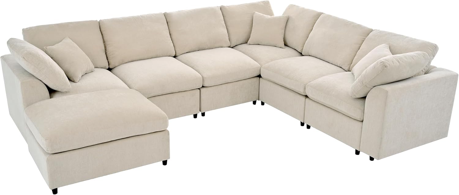 124.8' W Large Modular Sectional Sofa L Shaped Modern Couch with Ottoman, Deep Seat and Wide Chaise for Living Room, Beige