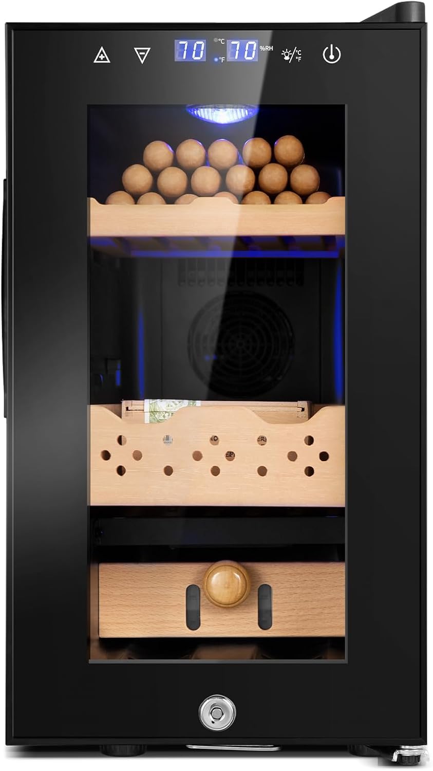 Electric Cooler Cabinet 25L with Temperature and Humidity Control, Spanish Cedar Wood Shelves and Safety Lock (180 Counts Capacity), Gift for Men