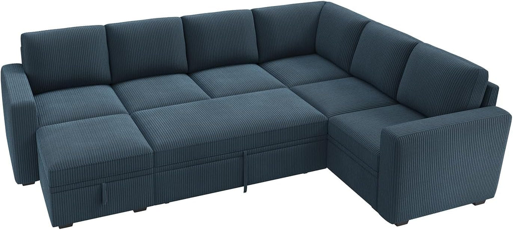 HONBAY Modular Sectional Sleeper Sofa with Pull Out Bed, Corduroy Couch with Storage, U Shaped Sectional Couches for Living Room, Blue