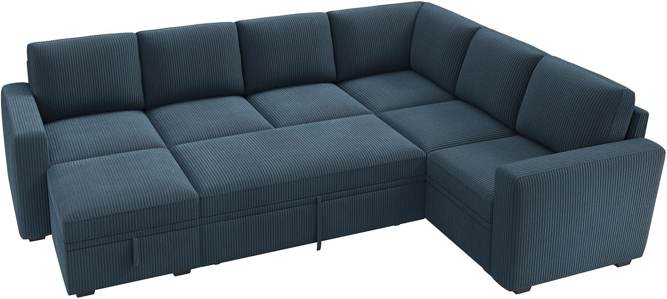 HONBAY Modular Sectional Sleeper Sofa with Pull Out Bed, Corduroy Couch with Storage, U Shaped Sectional Couches for Living Room, Blue