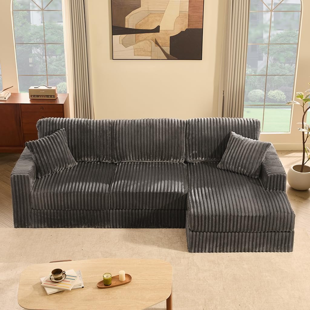 Cloud Couch 113' L-Shaped Couch (Not Boneless), 3-Seater Modular Sectional Couch, Queen Sofa with Corduroy Upholstery, Deep Seats, High Backrest & Pocket Spring Cushions, Right Facing Chaise, Grey