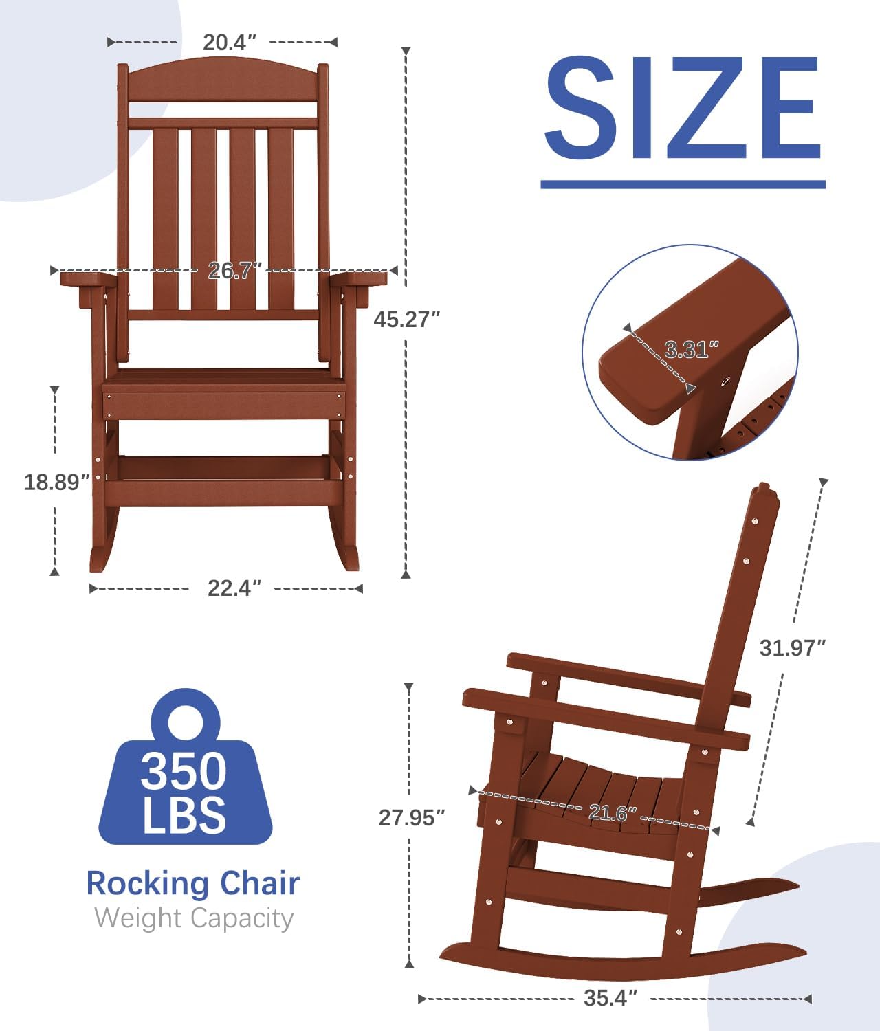 FOOWIN Outdoor Rocking Chair Set of 2, High Back Patio Rocking Chair, HDPE All Weather Resistant Porch Rocker for Adult, Oversized Rocking Chairs for Garden, Lawn, Indoor & Outdoor Use, Dark Red