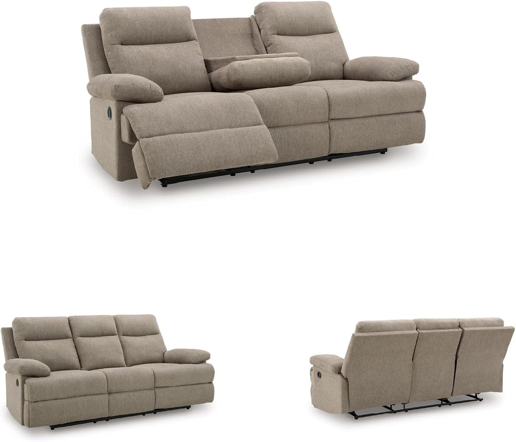 Signature Design by Ashley Yarrow Lane Classic Chenille Manual Pull Tab Reclining Sofa with Drop Down Table and USB Charging, Light Brown