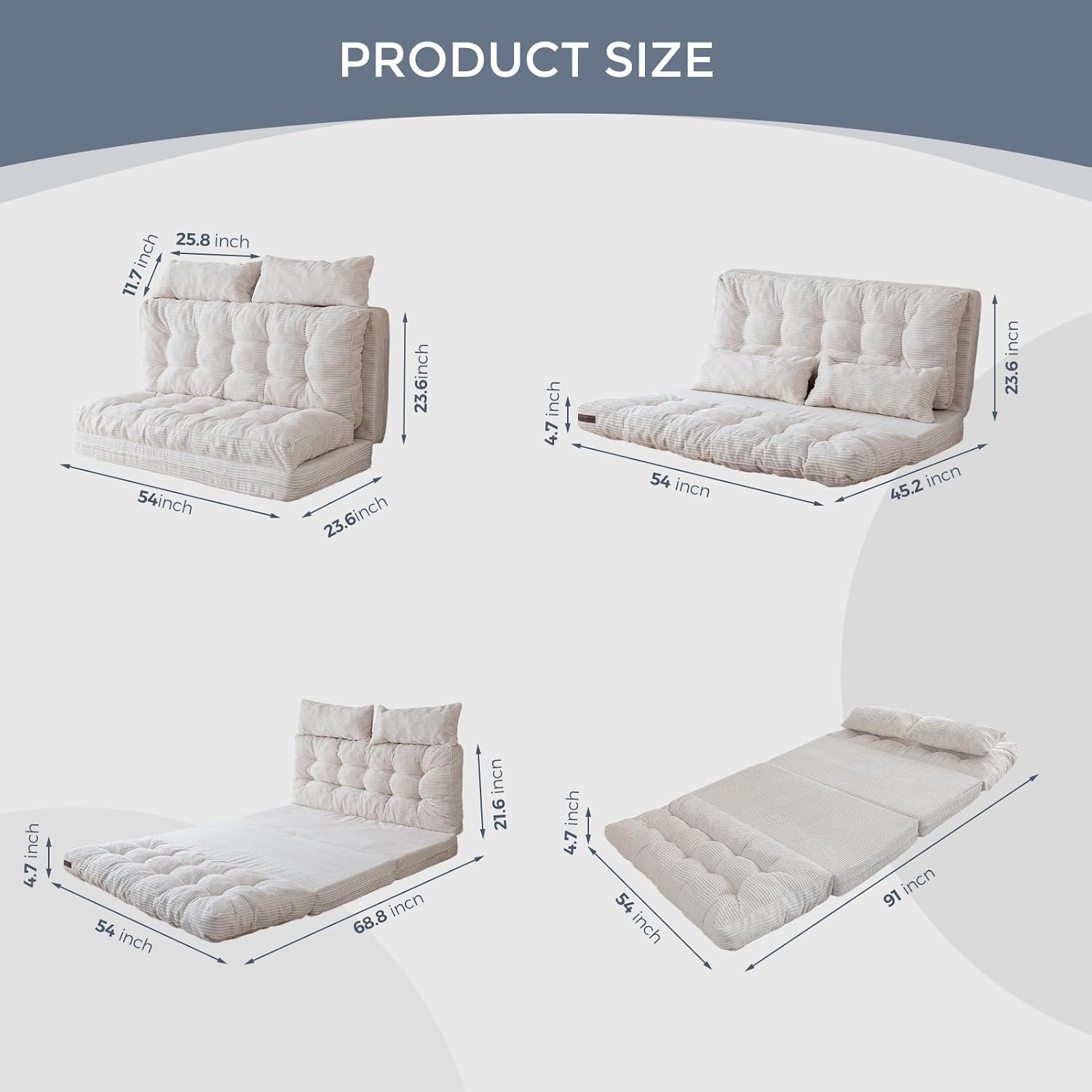 MAXYOYO Folding Sofa Bed, Tufted Bean Bag Bed with Pillows Floor Mattress for Adults, Extra Thick and Long Floor Sofa, Full Floor Couch Bed for Bedroom Living Room, Beige, 54x91 Inch