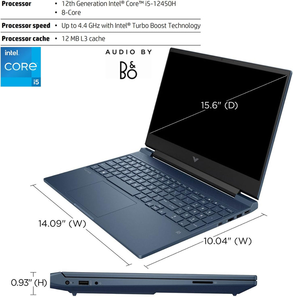HP Victus 15.6 i5 Gaming Laptop, 15.6' FHD 1920*1080 144Hz, Intel Core i5-12450H, NVIDIA GeForce RTX 3050, 32GB RAM, 2TB SSD, Backlit KB, Touchpad, SD Card Reader, Webcam, HDMI, Wi-Fi 6, W11 H, Blue