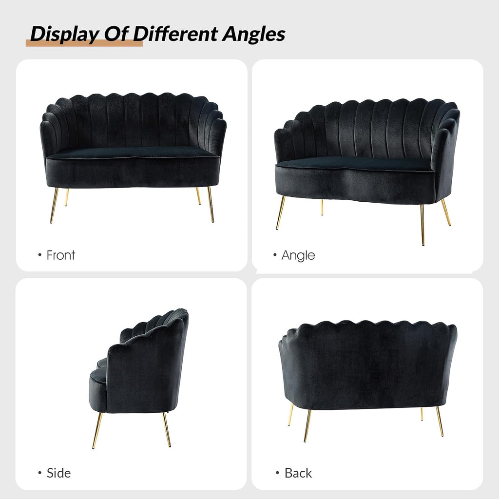 HULALA HOME Modern Velvet Loveseat Sofa with Flower Shaped Back, Comfy Upholstered 2-Seater Sofa with Gold Metal Legs, Small Love Seat Accent Couch for Living Bedroom Leisure Areas, Black