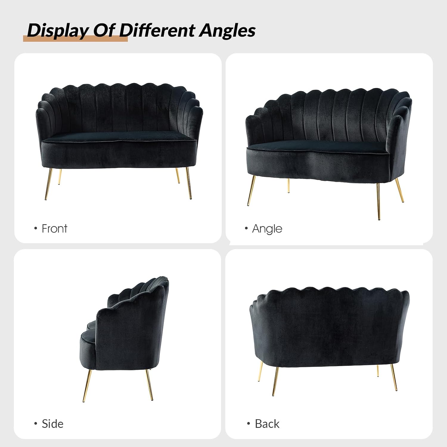 HULALA HOME Modern Velvet Loveseat Sofa with Flower Shaped Back, Comfy Upholstered 2-Seater Sofa with Gold Metal Legs, Small Love Seat Accent Couch for Living Bedroom Leisure Areas, Black