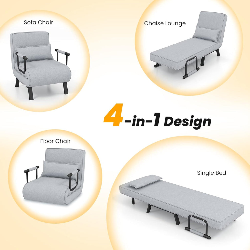 Giantex Convertible Sofa Bed, 4-in-1 Sleeper Chair with Pillow, Modern Recliner Guest Bed with 6 Positions Adjustable Backrest, Metal Legs, Linen Fabric Armchairs for Nursery Living Room Office (Gray)