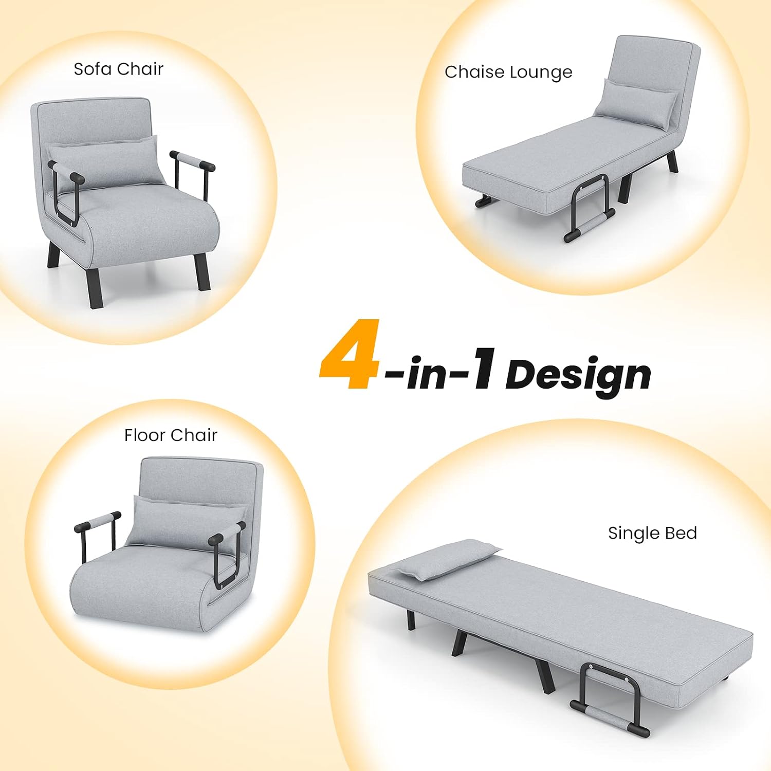Giantex Convertible Sofa Bed, 4-in-1 Sleeper Chair with Pillow, Modern Recliner Guest Bed with 6 Positions Adjustable Backrest, Metal Legs, Linen Fabric Armchairs for Nursery Living Room Office (Gray)