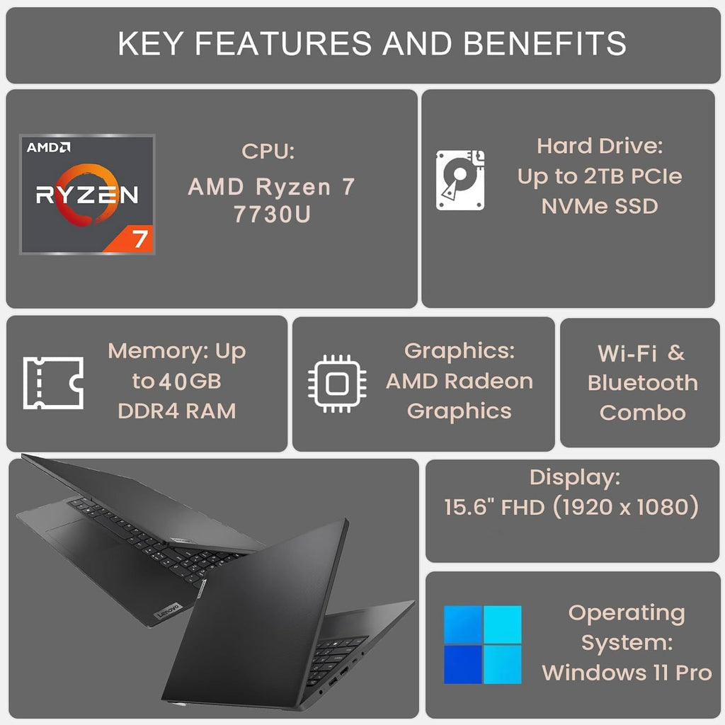 Lenovo V-Series V15 Business Laptop, 15.6' FHD Display, AMD Ryzen 7 7730U, 16GB RAM, 512GB SSD, Numeric Keypad, HDMI, RJ45, Webcam, Wi-Fi 6, Windows 11 Pro, Grey (Renewed)