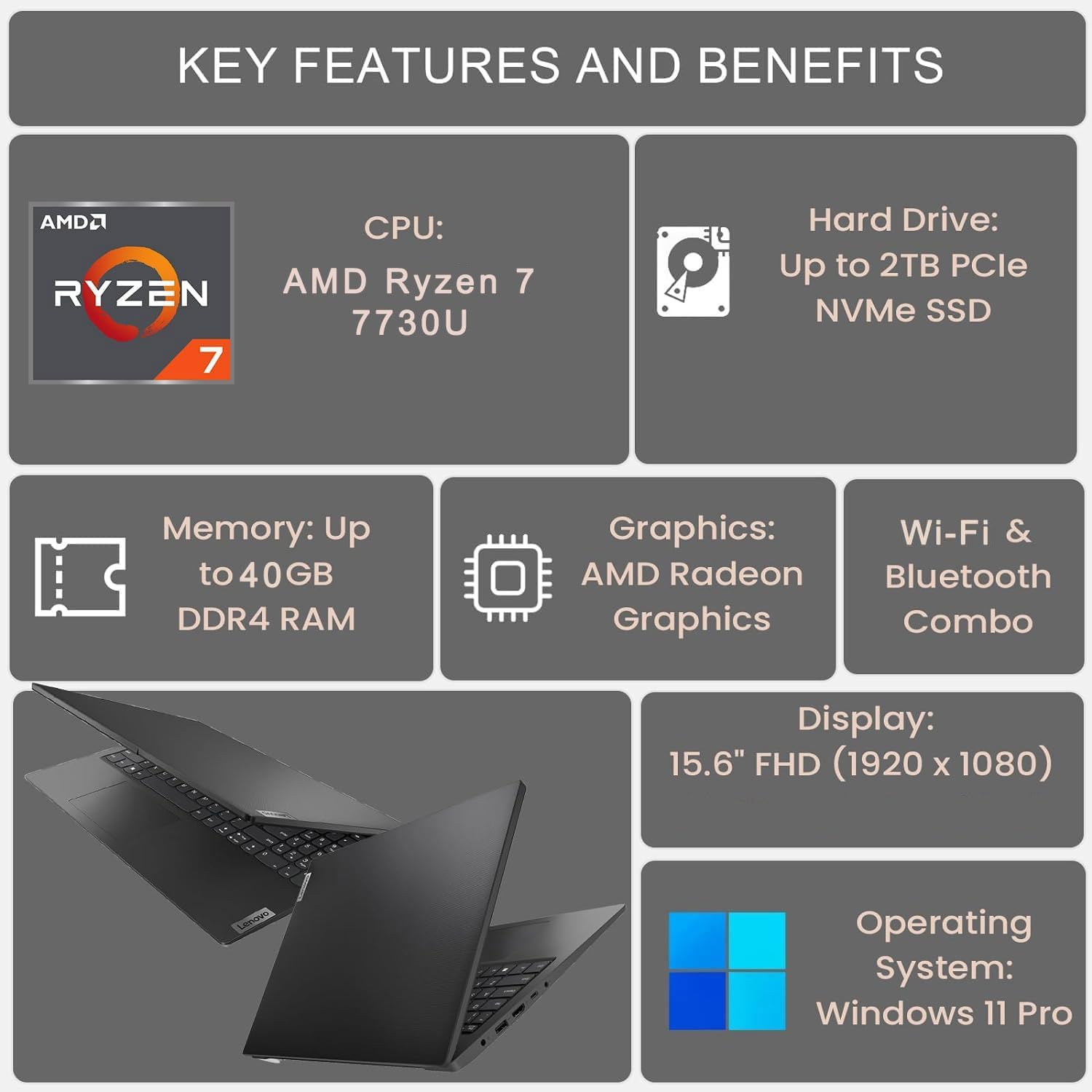 Lenovo V-Series V15 Business Laptop, 15.6' FHD Display, AMD Ryzen 7 7730U, 16GB RAM, 512GB SSD, Numeric Keypad, HDMI, RJ45, Webcam, Wi-Fi 6, Windows 11 Pro, Grey (Renewed)