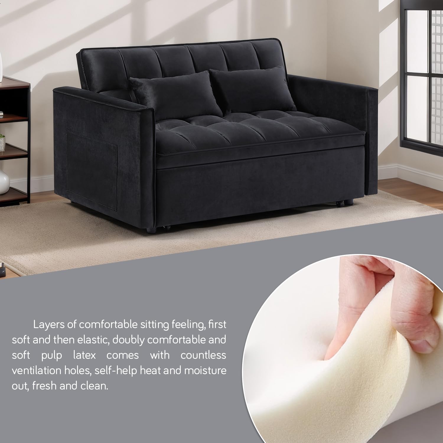 3 in 1 Convertible Sleeper Sofa Bed, 54'' Full Size Velvet Pull Out Futon Couch Recliner with Reclining Backrest & 2 Pillows, Small Loveseat Lounge Couches for Small Spaces (Black)