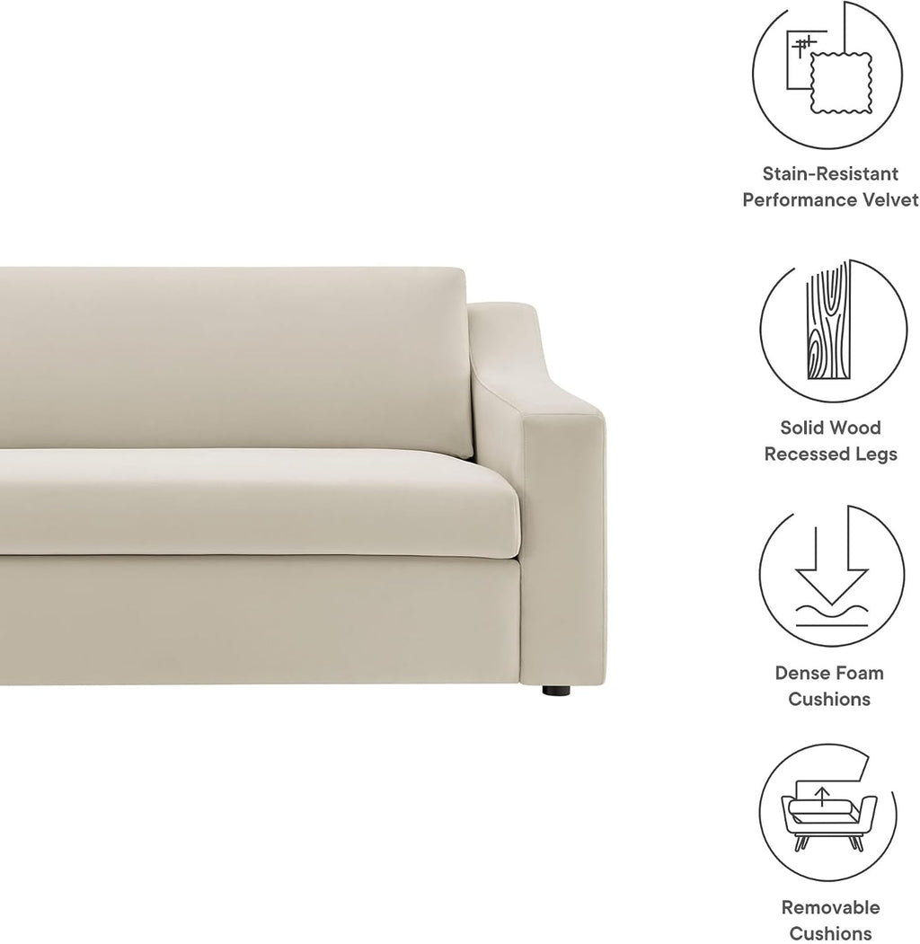 Modway Liora 87 Inch Stain-Resistant Performance Velvet Sofa in Alabaster - 3 Seater Upholstered Sofa Couch for Living Room Seating - Comfy Deep Seat Sofa with Scoop Arms