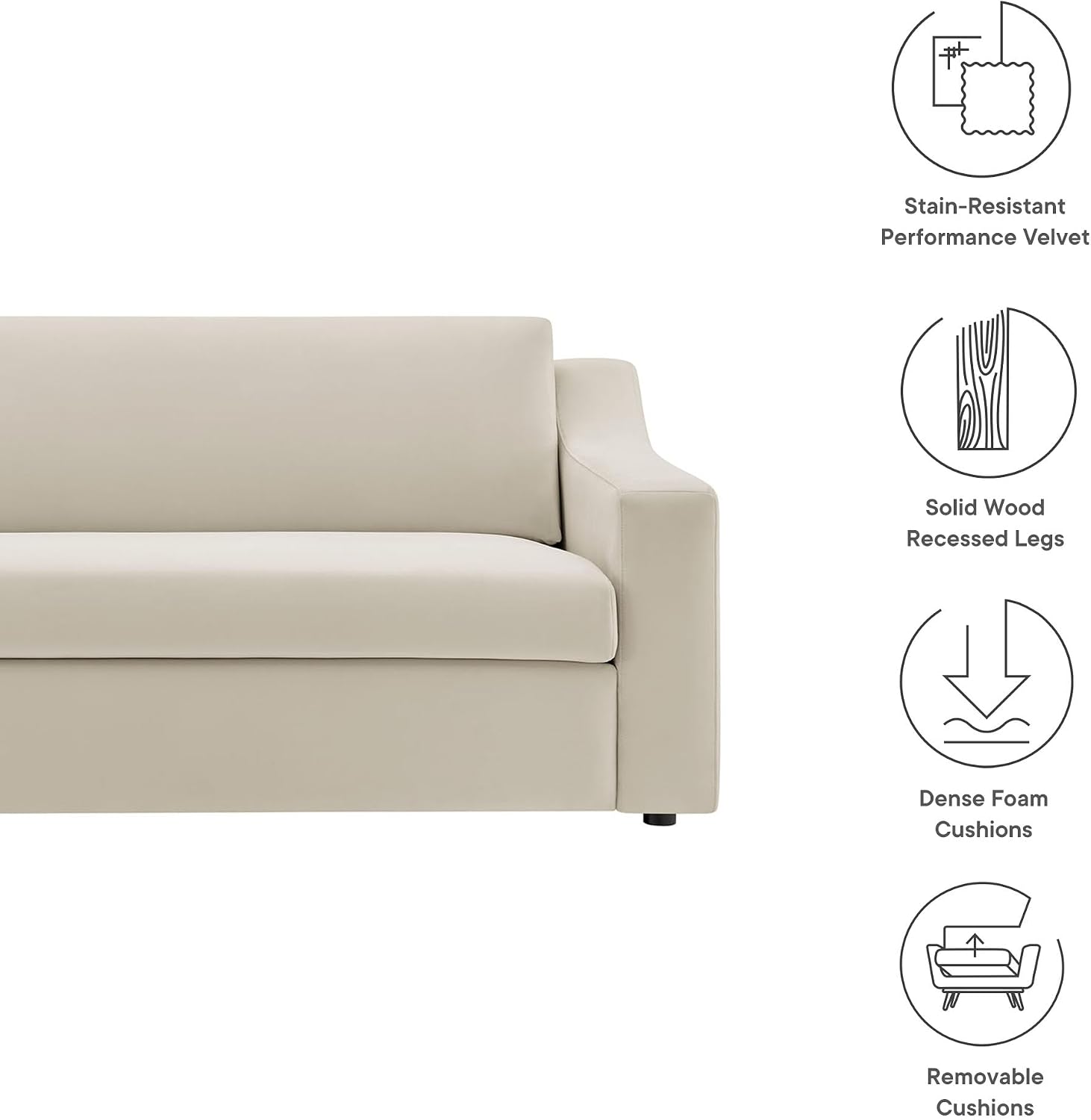 Modway Liora 87 Inch Stain-Resistant Performance Velvet Sofa in Alabaster - 3 Seater Upholstered Sofa Couch for Living Room Seating - Comfy Deep Seat Sofa with Scoop Arms