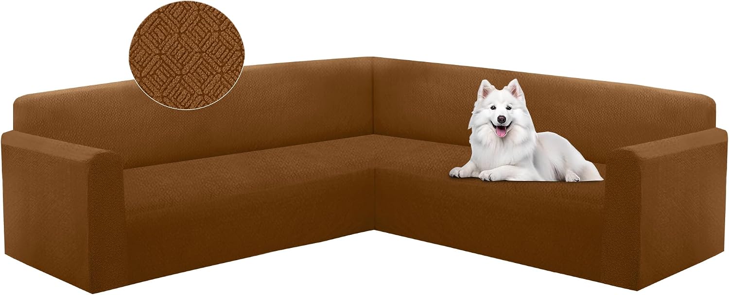 HDCAXKJ Sectional Couch Cover L Shape Stretch Sofa Covers Washable Jacquard Corner Couch Slipcover Non Slip Sectional Slip Cover U Shaped Furniture Protector for Pets Dogs (Caramel, Medium)