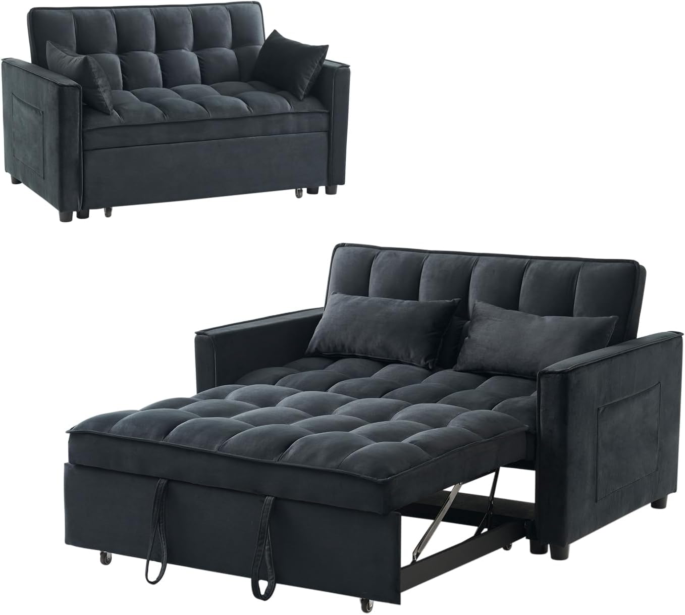 ECHINGLE Sleeper Sofa Bed, 3-in-1 Velvet Pull Out Couch with Armrests, Storage Pockets and 2 Pillows, Adjustable Backrest, Pull Out Sofa Bed Couch for Living Room, Bedroom(Black)