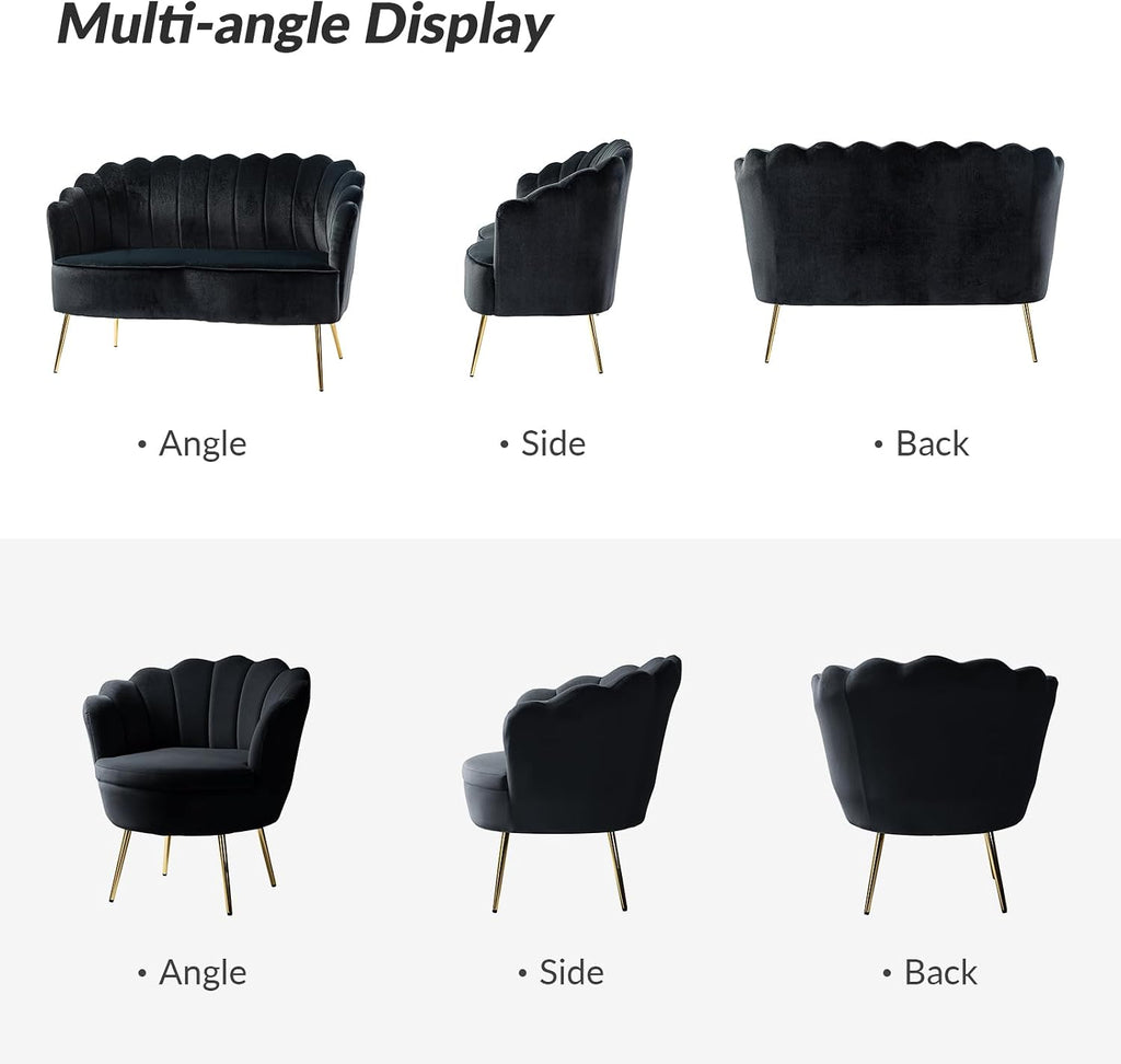 HULALA HOME 3 Piece Velvet Living Room Furniture Set, Including Loveseat & 2 Sofa Chairs, Modern Comfy Upholstered 2-Seater Sofa & Accent Chair Set for Bedroom, Flower Shaped Back & Gold Legs, Black