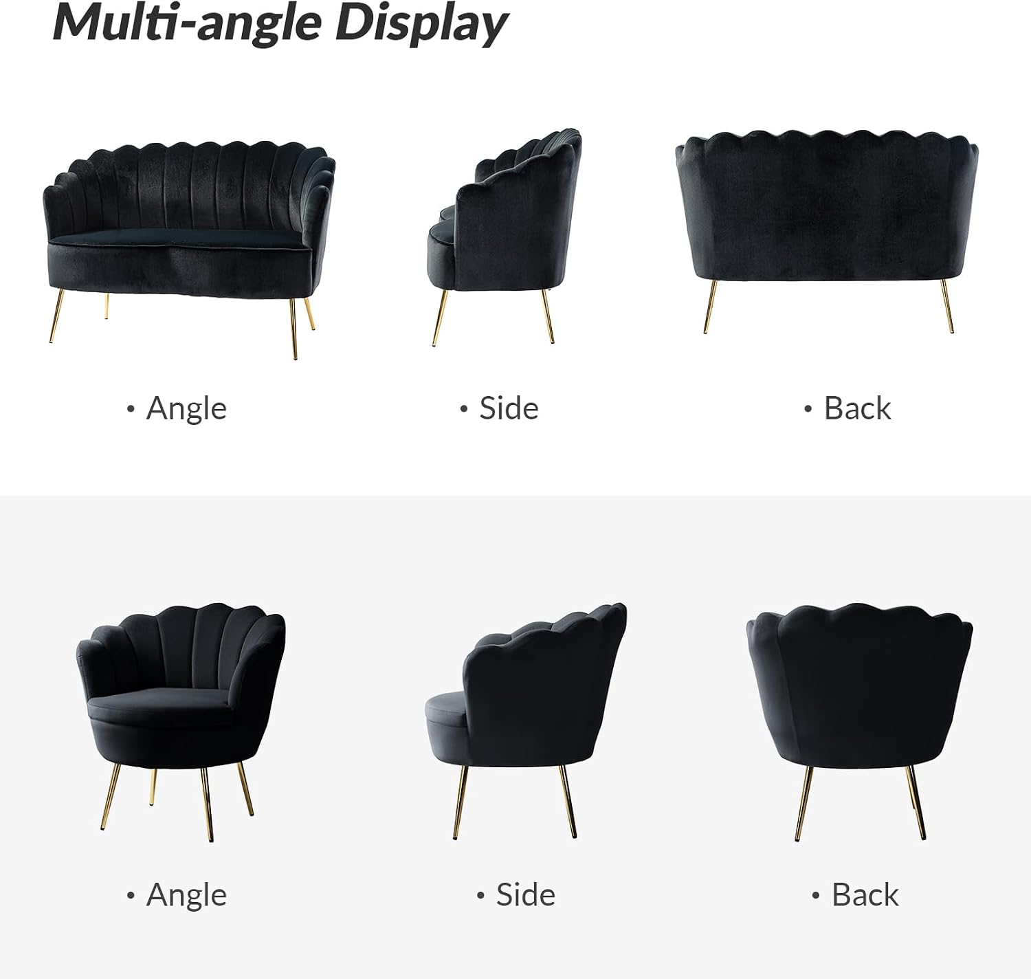 HULALA HOME 3 Piece Velvet Living Room Furniture Set, Including Loveseat & 2 Sofa Chairs, Modern Comfy Upholstered 2-Seater Sofa & Accent Chair Set for Bedroom, Flower Shaped Back & Gold Legs, Black
